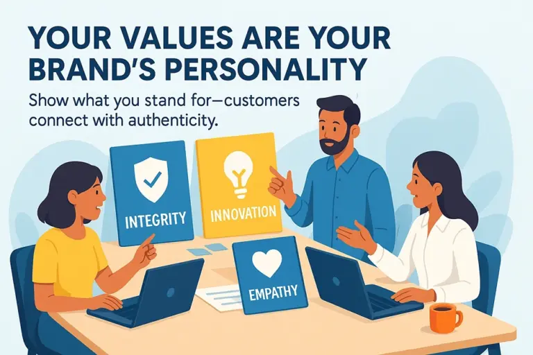 Your values are your brand's personality: a team discusses integrity, innovation and empathy, showing what the business stands for.