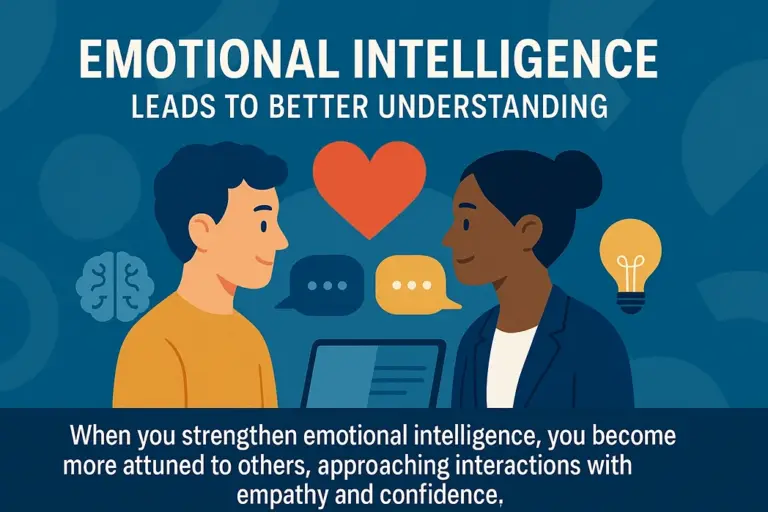 Emotional intelligence leads to better understanding: two people communicate with empathy and confidence, represented by a heart and conversation symbols.
