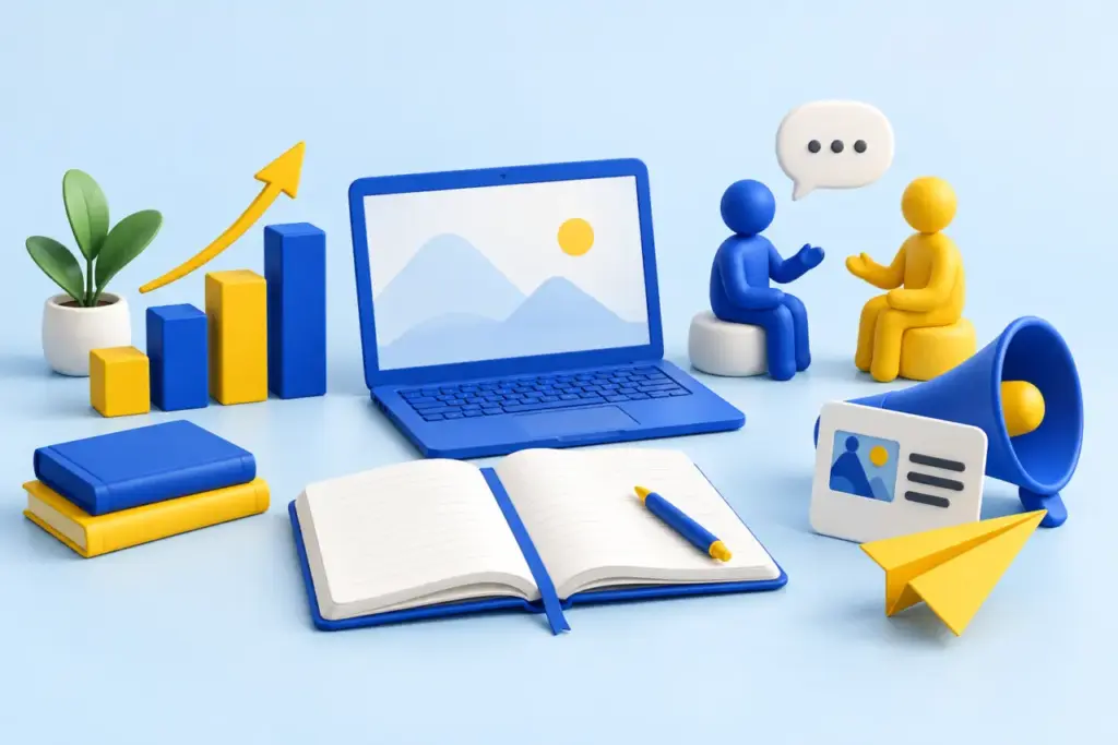 A notebook and laptop surrounded by business growth blocks, people in conversation and a marketing megaphone
