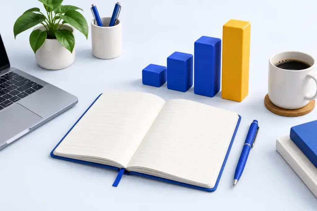 Planning notebook beside blue and yellow blocks representing steady business growth