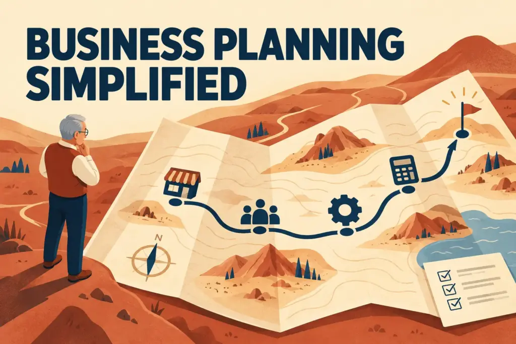 Business Planning Simplified: a planner follows a map linking business foundations, customers, operations and financial planning.