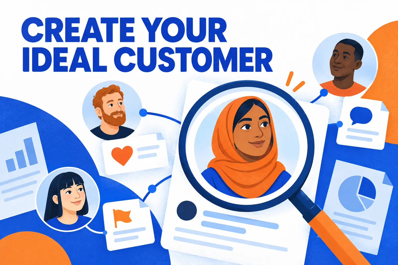 Create Your Ideal Customer: a magnifying lens brings customer portraits, values, goals and research into one profile.