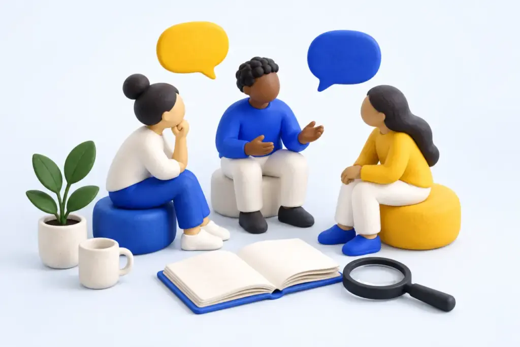 Three people listening and sharing ideas to understand customer needs