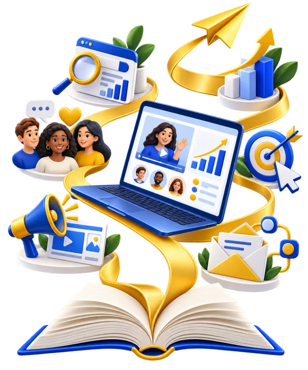 An open book and laptop connected to audience research, content, email, strategy and analytics by a golden learning path