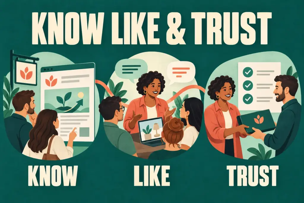 Know Like & Trust: three connected business scenes show customers discovering a brand, engaging in conversation and receiving completed work as promised.