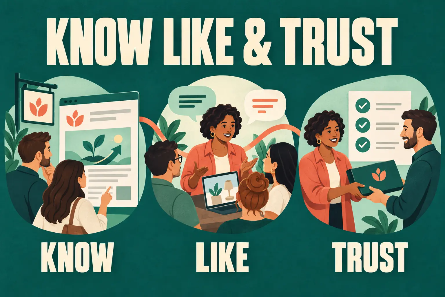 Know Like & Trust: three connected business scenes show customers discovering a brand, engaging in conversation and receiving completed work as promised.