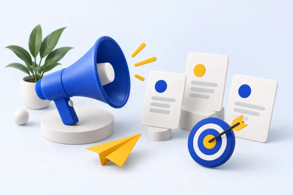 Blue megaphone, content cards and a yellow paper plane representing focused marketing