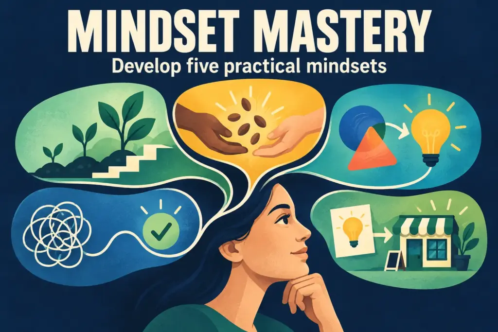 Mindset Mastery — Develop five practical mindsets: a human profile connects symbols of growth, abundance, creativity, problem solving and entrepreneurial action.