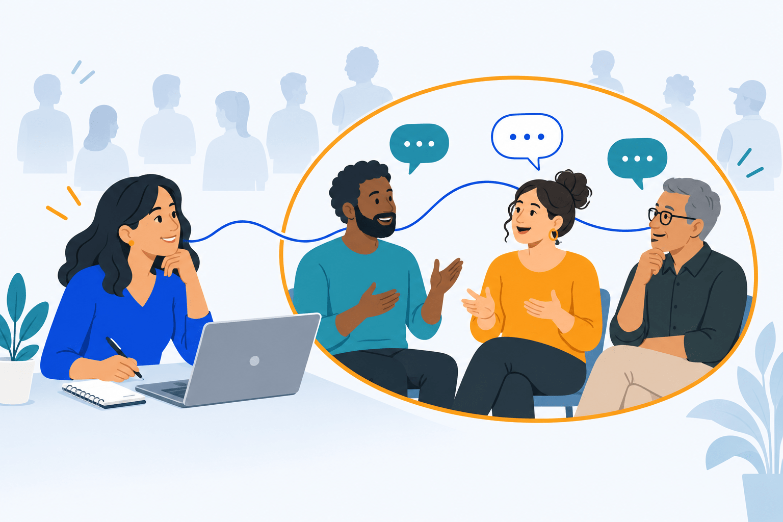A business owner listens to three customers, with conversation bubbles and an orange circle highlighting the target audience.
