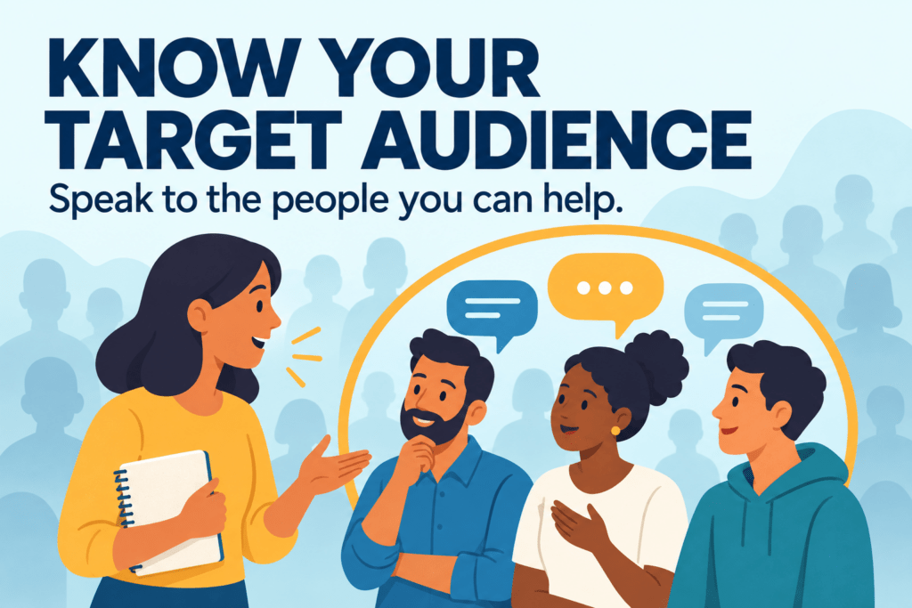 Know your target audience. Speak to the people you can help. A business owner talks with three customers highlighted by an amber circle.