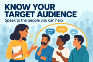 Know your target audience. Speak to the people you can help. A business owner talks with three customers highlighted by an amber circle.