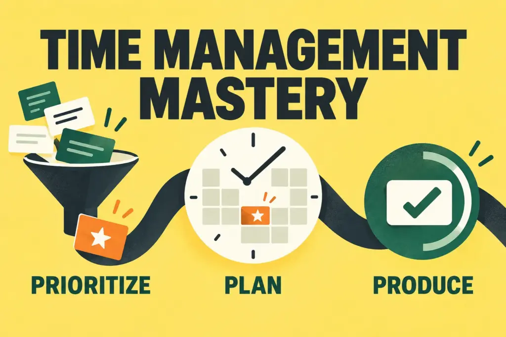Time Management Mastery: Prioritize, Plan, Produce shown as selecting a task, scheduling it and completing focused work.