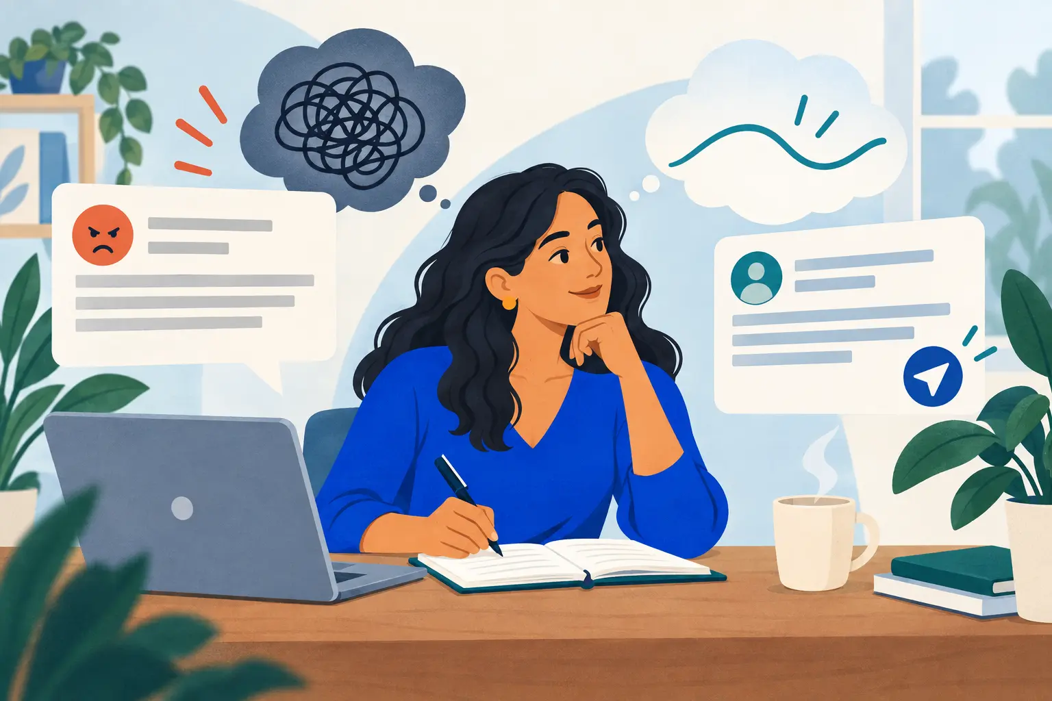 A business owner pauses to reflect in a journal before responding to a challenging customer message.