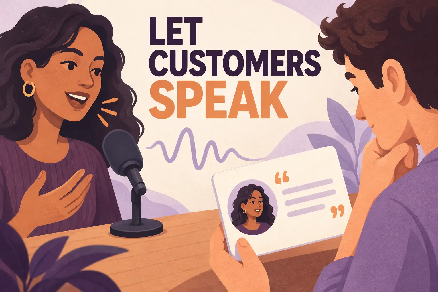 Illustration of different people sharing their own experiences. These are drawn characters, not customer testimonials.