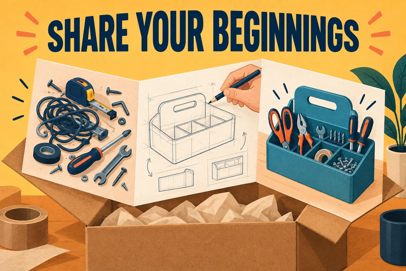 Illustration: Share your beginnings. Tools, a design sketch and a finished tool bag show stages of making something.