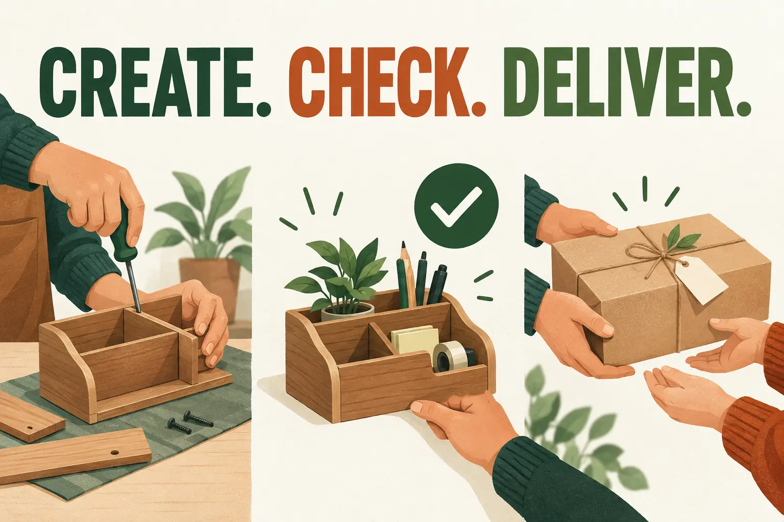 Create, check, deliver: a product is assembled, checked, packed and handed to a customer.