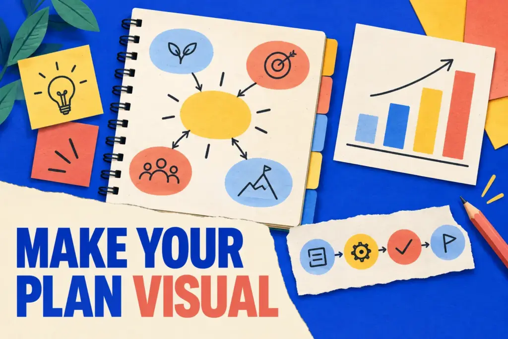 Make your plan visual: a planning notebook combines a mind map, charts, colour-coded sections and a process diagram.