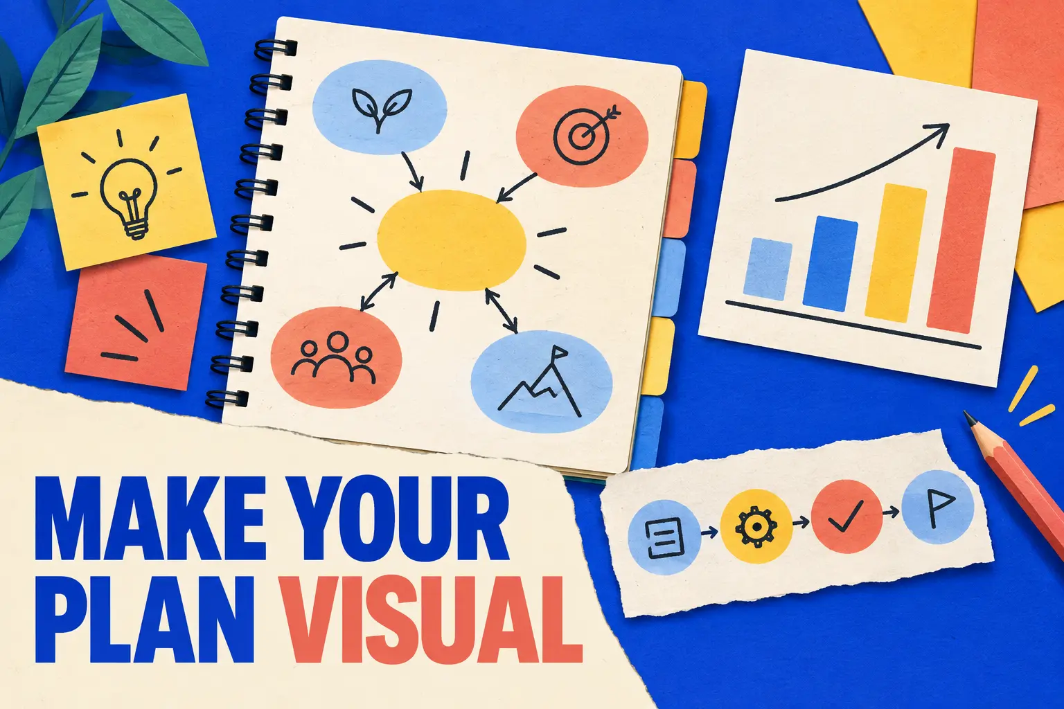 Make your plan visual: a planning notebook combines a mind map, charts, colour-coded sections and a process diagram.