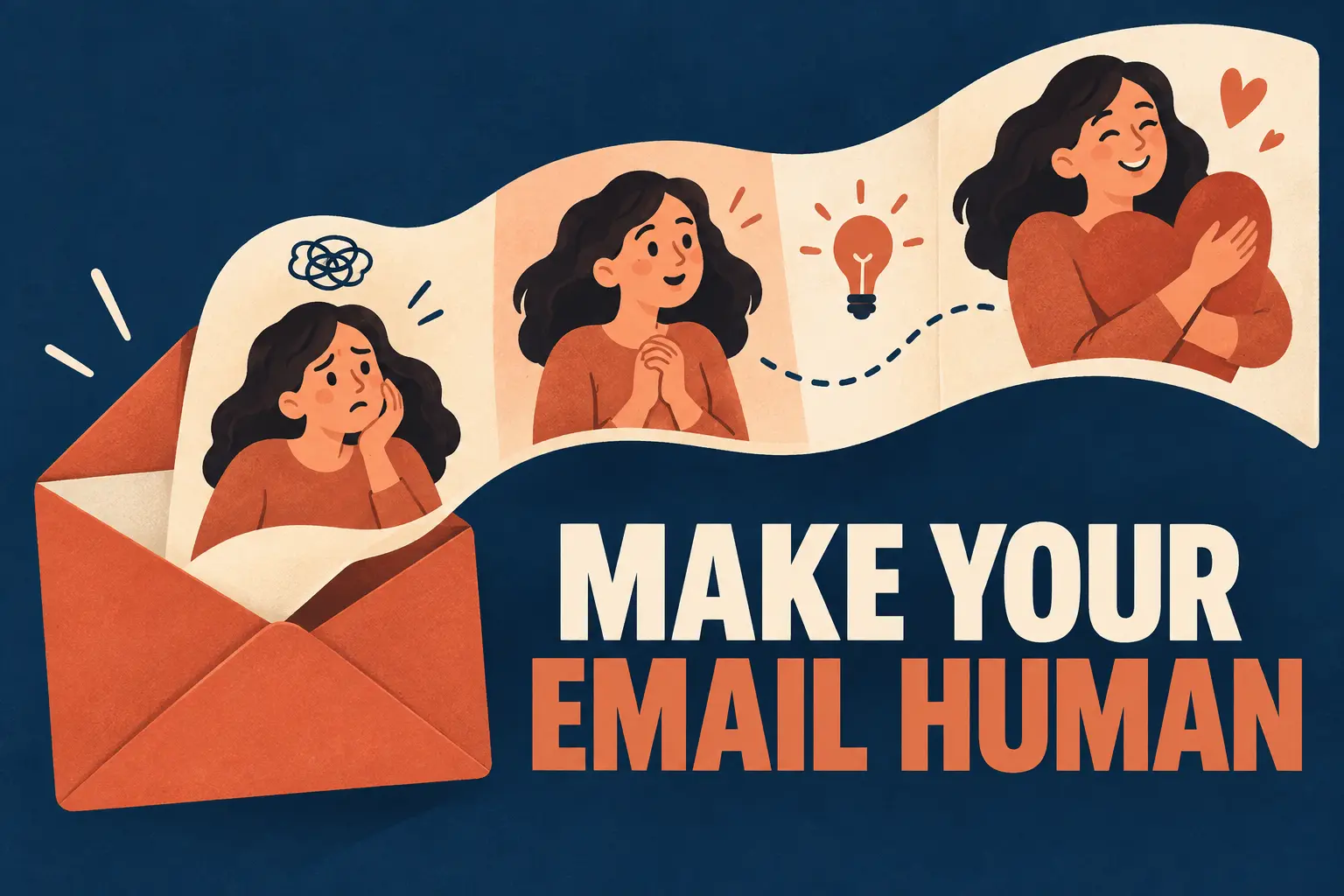 Make your email human: an open envelope carries a story from a customer concern through an idea to an emotional connection.