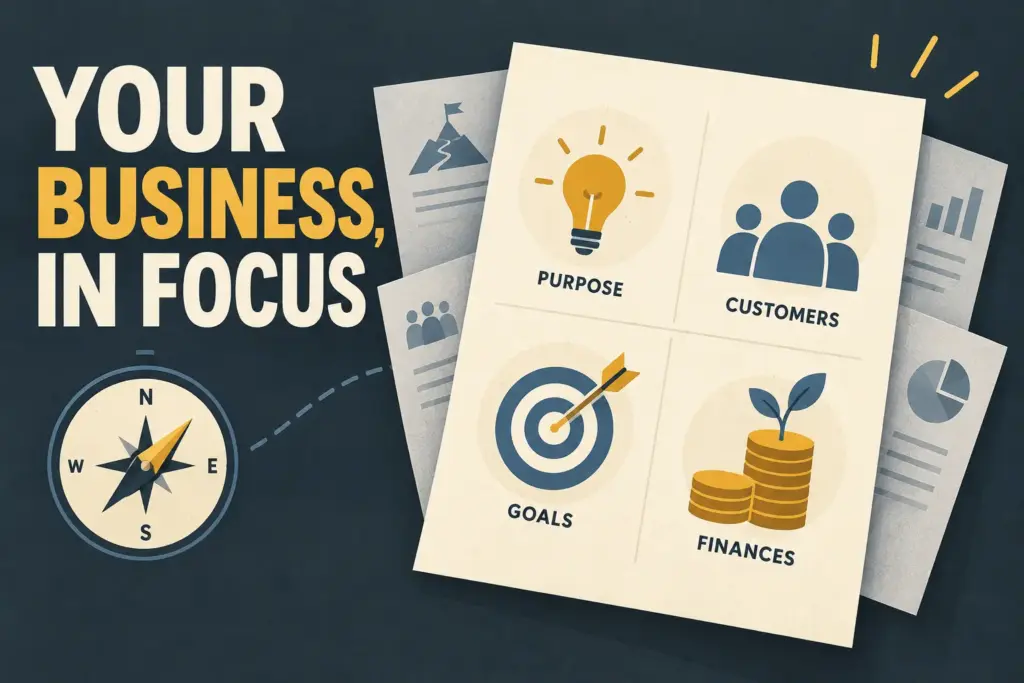 Your business, in focus: one concise overview brings purpose, customers, goals and finances together.