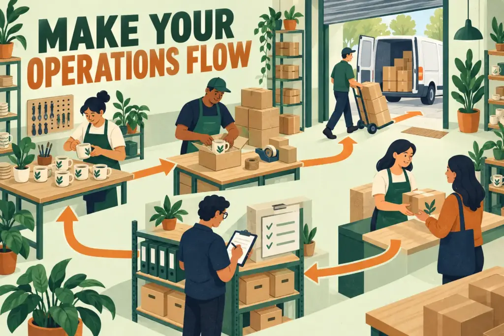Make your operations flow: a small workshop connects creation, delivery, customer support and administration.