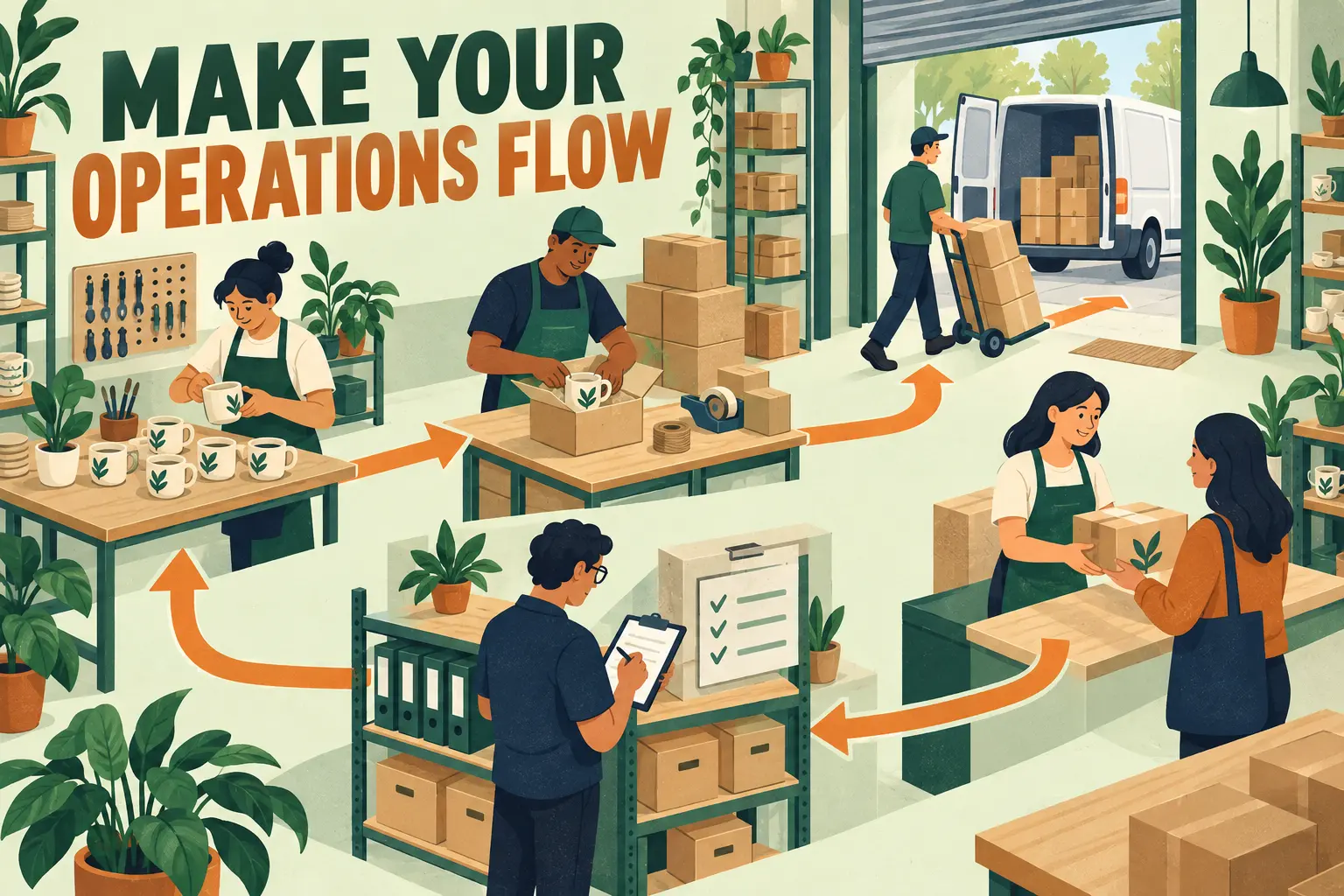 Make your operations flow: a small workshop connects creation, delivery, customer support and administration.