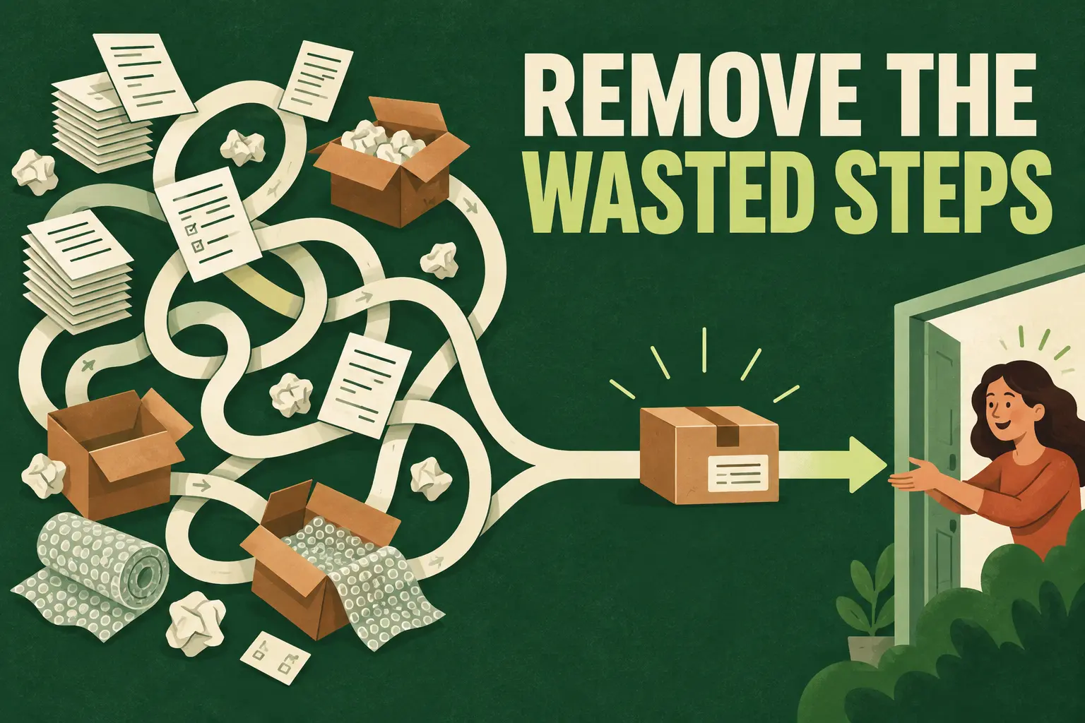 Remove the wasted steps: duplicate paperwork and excess packaging are removed from the route to a customer.