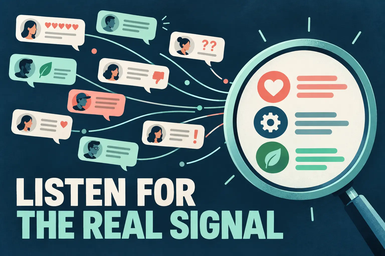 Listen for the real signal: scattered customer conversations reveal recurring themes through a large listening lens.