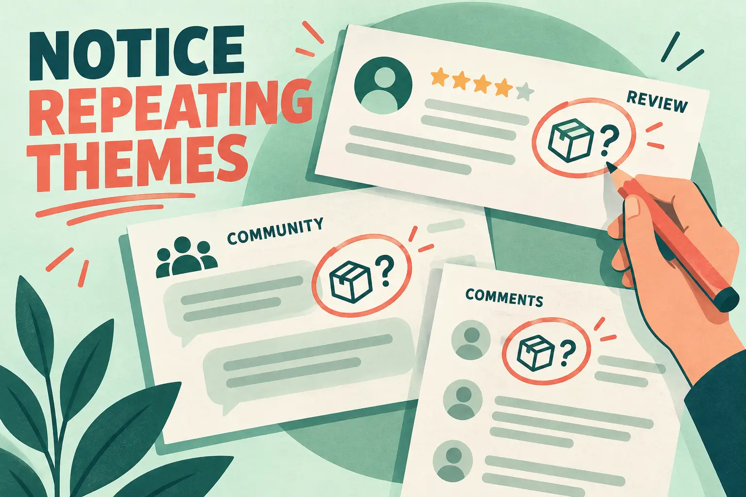 Notice repeating themes: the same customer question appears in reviews, discussions and comments.
