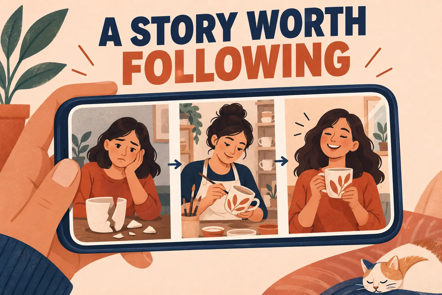A story worth following: three social-post scenes show a challenge, the making process and a useful outcome.