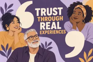 Trust through real experiences: three distinct customer voices are framed by large quotation marks.