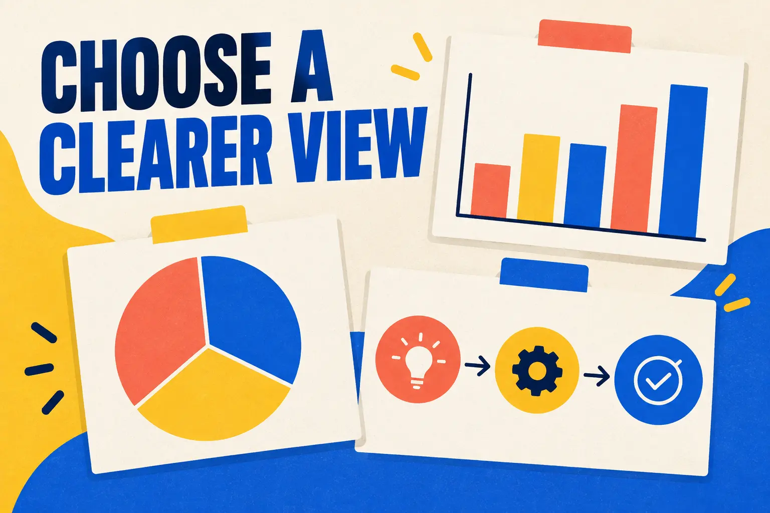 Choose a clearer view: chart cards, a process diagram and colour-coded tabs organise business-plan information.